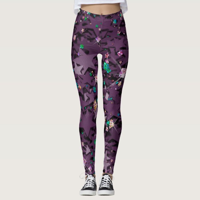 Purple & Multi-Colored Sparkly Stars Leggings (Front)