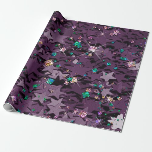 Purple  Multi_Colored Sparkly Stars Wrapping Paper