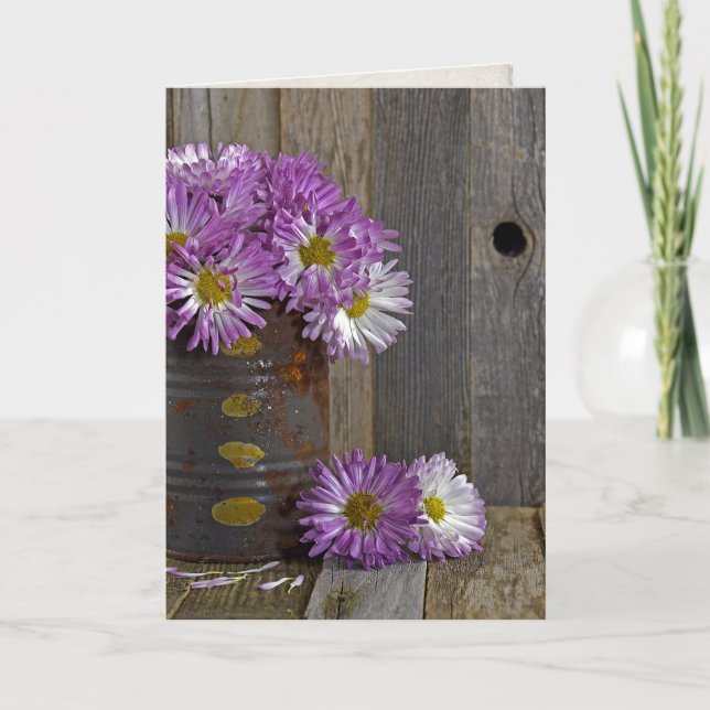 purple mums in rusted tin can card (Front)