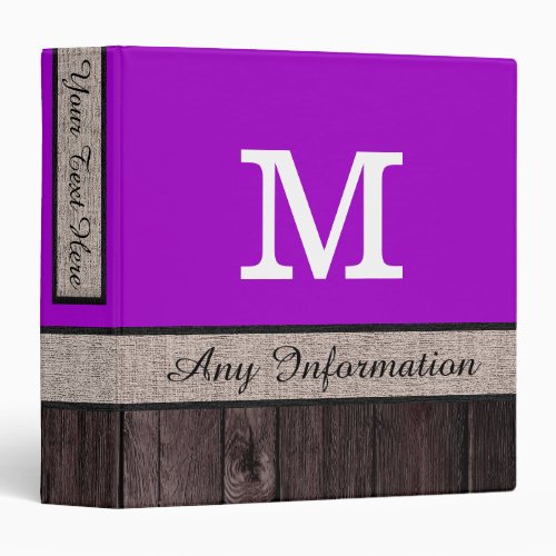 Purple Munsell Color Rustic Look Wood Monogram Binder