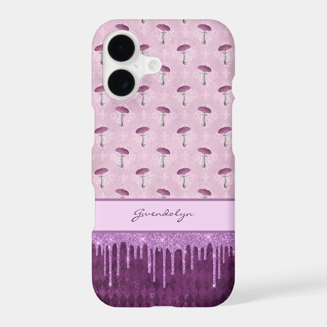 Purple Mushroom Dream and Glitter Drips Monogram iPhone Case (Back)
