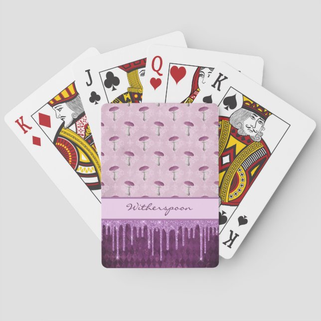 Purple Mushroom Dream and Glitter Drips Monogram Poker Cards (Back)