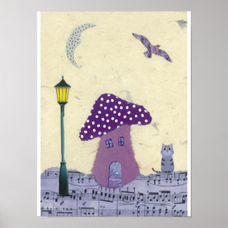 Purple Mushroom House with Lamp Post and Cat Poster