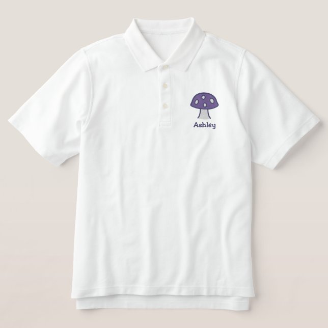 Purple Mushroom Name Embroidered Polo Shirt (Design Front)