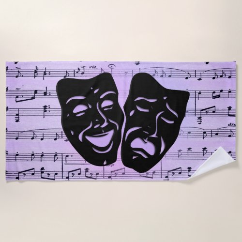 Purple Music and Theater Masks Beach Towel