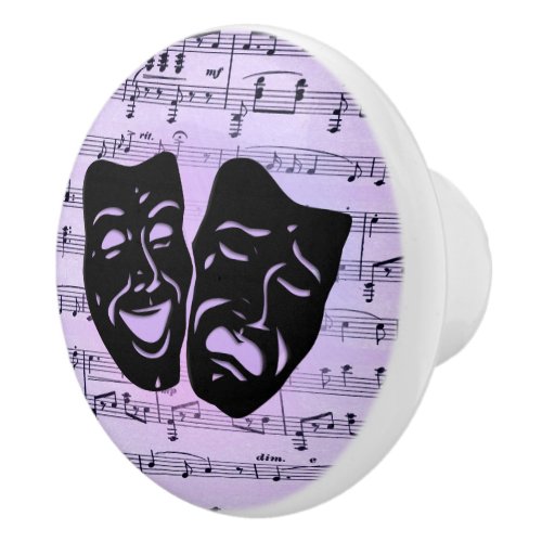 Purple Music and Theater Masks Ceramic Knob