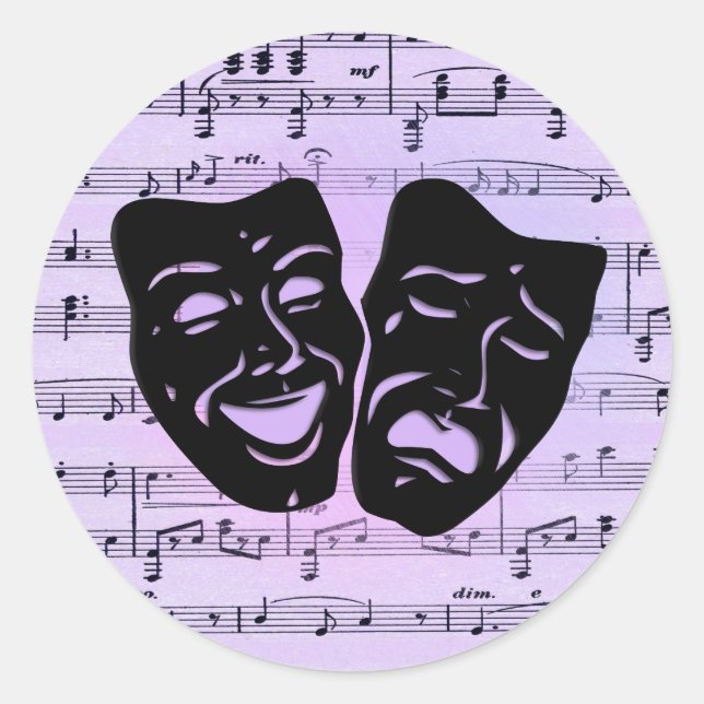Purple Music and Theater Masks Classic Round Sticker (Front)