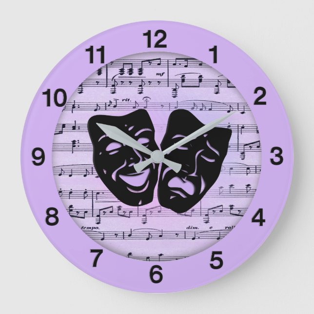 Purple Music and Theater Masks Large Clock (Front)
