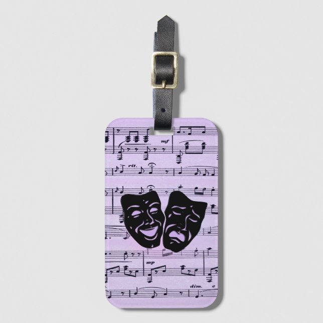 Purple Music and Theater Masks Luggage Tag (Front Vertical)