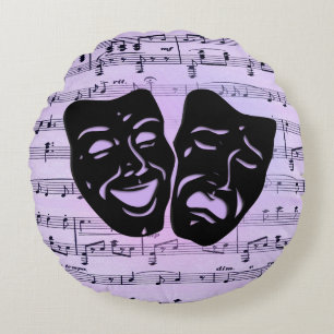 Purple Music and Theater Masks Round Pillow