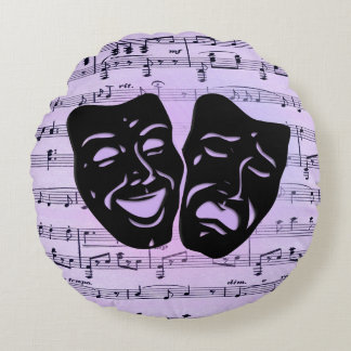 Purple Music and Theater Masks Round Pillow