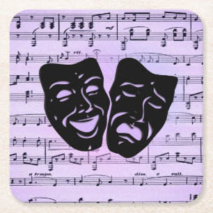 Purple Music and Theater Masks Square Paper Coaster