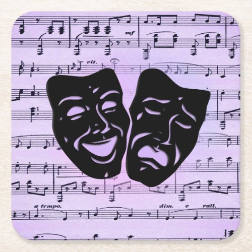 Purple Music and Theater Masks Square Paper Coaster