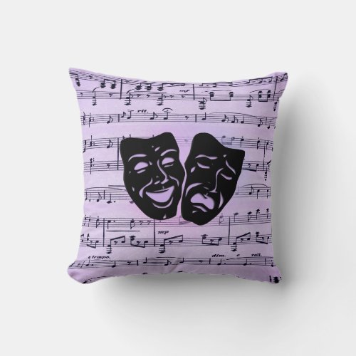 Purple Music and Theater Masks Throw Pillow