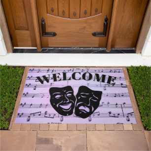 Purple Music and Theater Masks Welcome Doormat