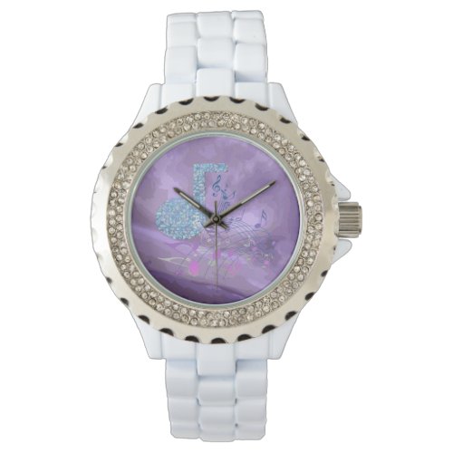 Purple Music Notes Abstract Rhinestone White Watch