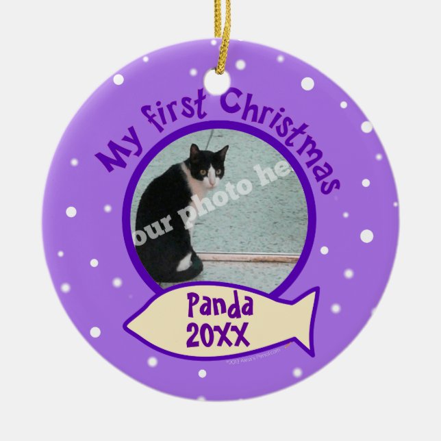 Purple My First Christmas Custom Photo Name Cat Ceramic Ornament (Front)