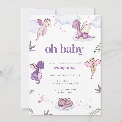 Purple Mythical Dragon Baby Shower Invitation