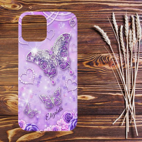 Purple n Pink Butterflies and Hearts iPhone 12 Case