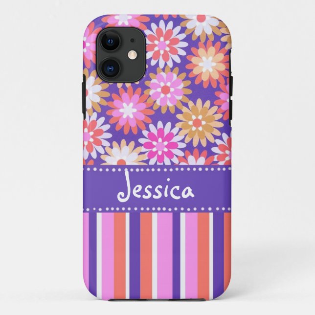 Purple 'n Pink Flowers & Stripes Case-Mate iPhone Case (Back)