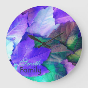 Purple N Teal Green Leaves Wall Clock *personalize