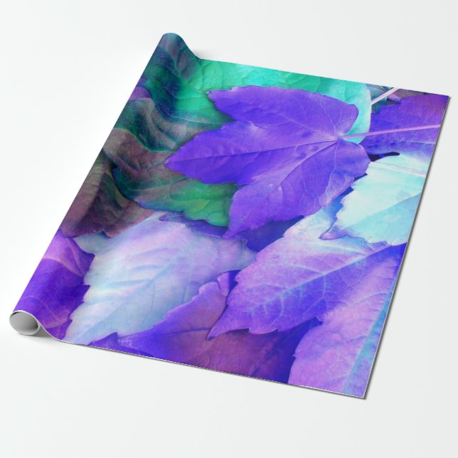 Purple N Teal Leaves Wrapping Paper (Unrolled)