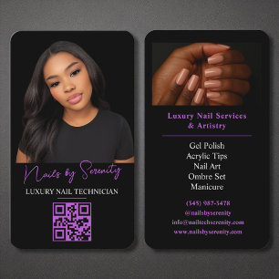 Purple Nails Technician QR Code Luxury Black Business Card