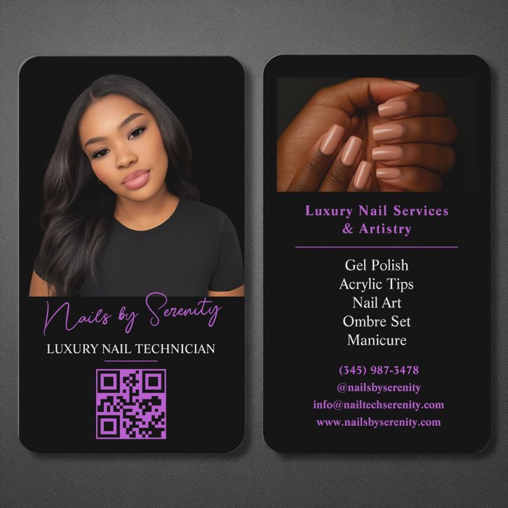 Purple Nails Technician QR Code Luxury Black Business Card