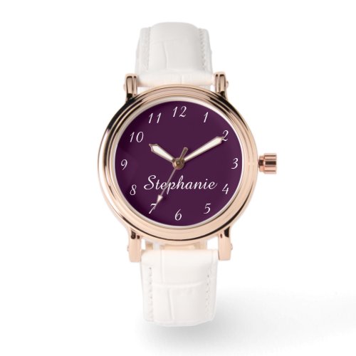 Purple Name Classy Glam Rose Gold White Band Wrist Watch