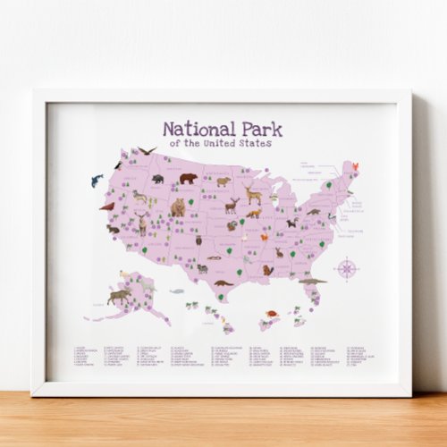 Purple National Park Map Woodland Nursery Print