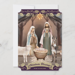 Purple Nativity Scene Christian Christmas Holiday Card