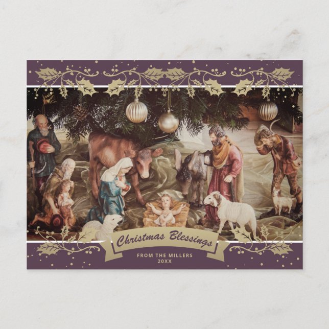 Purple Nativity Scene Christian Christmas Photo Holiday Postcard (Front)