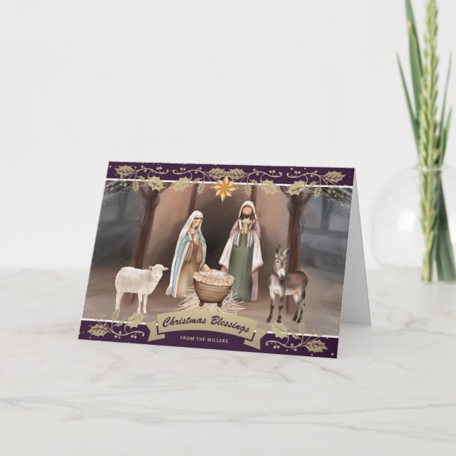 Purple Nativity Scene Star of Bethlehem Holiday Card (Front)