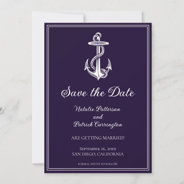 Purple Nautical Anchor Save the Date Invite (Front)