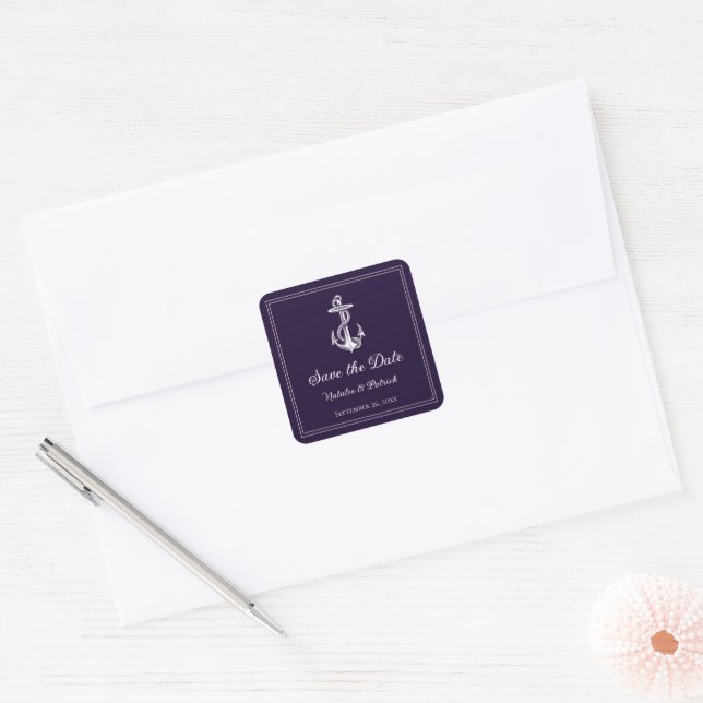 Purple Nautical Anchor Save the Date Square Sticker (Envelope)
