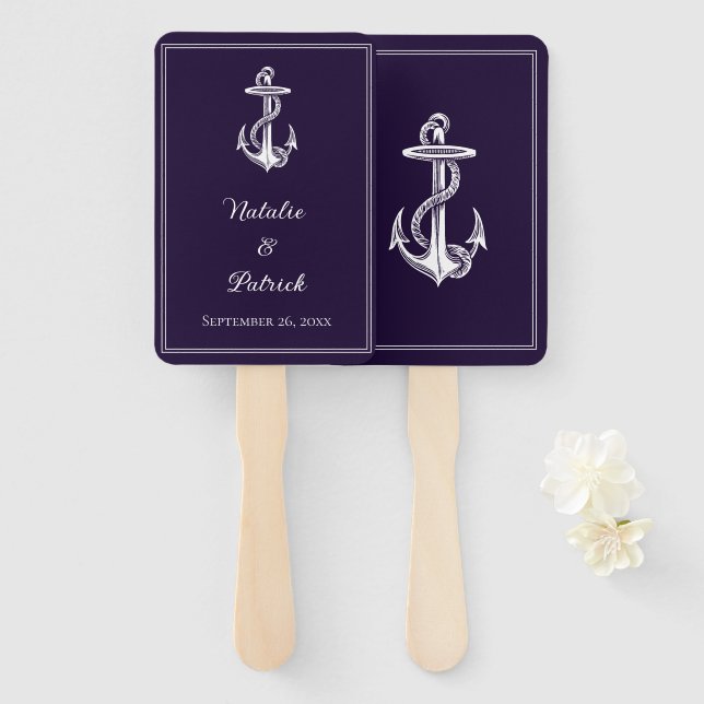 Purple Nautical Anchor Wedding Hand Fans (Front and Back)