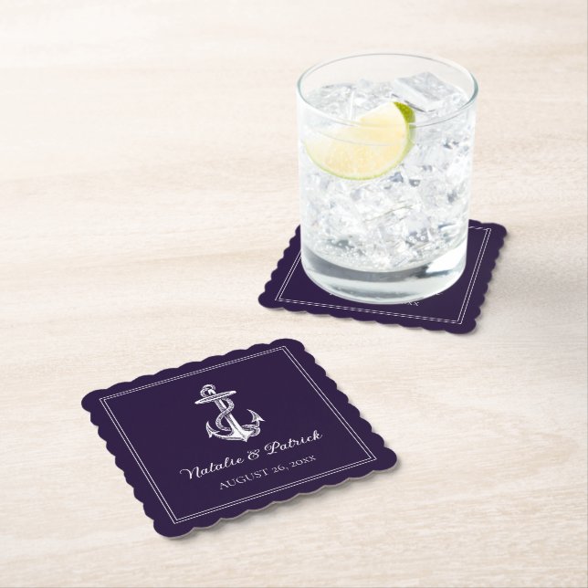 Purple Nautical Anchor Wedding Paper Coaster (Insitu)