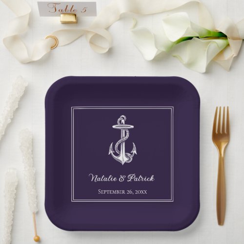 Purple Nautical Anchor Wedding Paper Plates