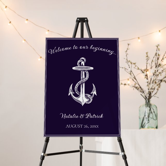 Purple Nautical Anchor Wedding Welcome Sign (In Situ (Stand))