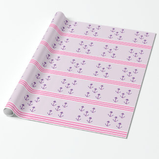Purple Nautical Anchors and Pink Stripes Wrapping Paper