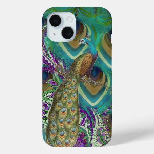 Purple Navy and Copper Paisley Peacock  Feathers iPhone 15 Case
