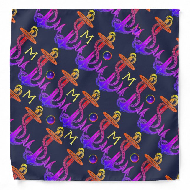 PURPLE NAVY BLUE ANCHOR AND ROPE NAUTICAL MONOGRAM BANDANA (Front)