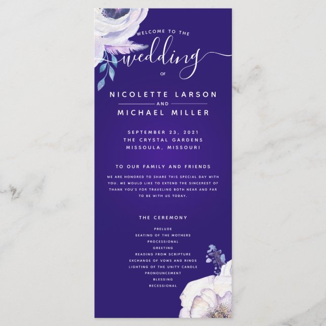 Purple Navy Blue and Lilac Flowers Wedding Program (Front)