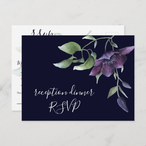 Purple Navy Blue Floral Dark Reception Dinner RSVP Invitation Postcard