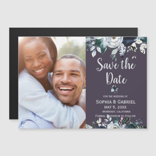 Purple Navy Blue Floral Wedding Save the Date Magnetic Invitation