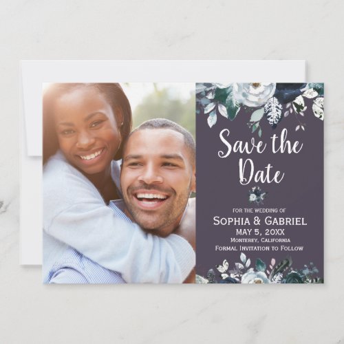 Purple Navy Boho Floral Wedding Save the Date