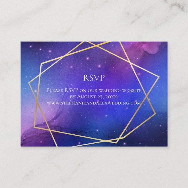 Purple Nebula Celestial Art Geometric Gold RSVP Business Card (Front)