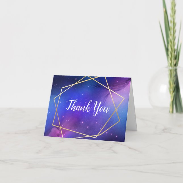 Purple Nebula Celestial Art Geometric Gold Thank You Card (Front)