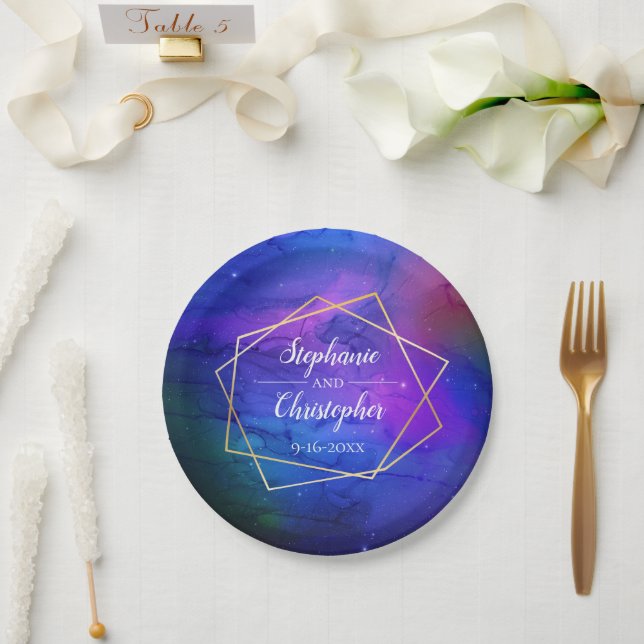 Purple Nebula Celestial Art Geometric Gold Wedding Paper Plates (Wedding)