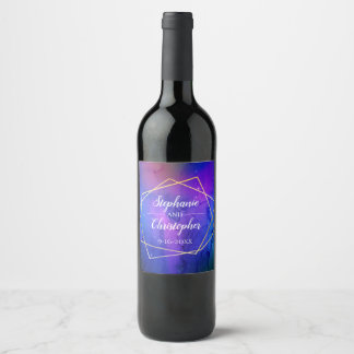 Purple Nebula Celestial Art Geometric Gold Wedding Wine Label